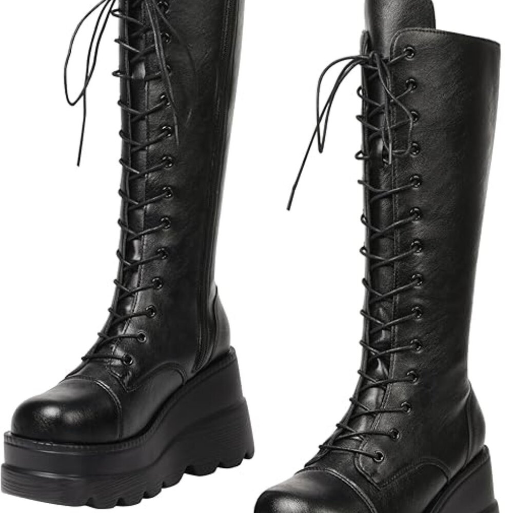 Womens High Platform Mid Calf Wedges Chunky High Heel Round-Toe Side Zip Boots